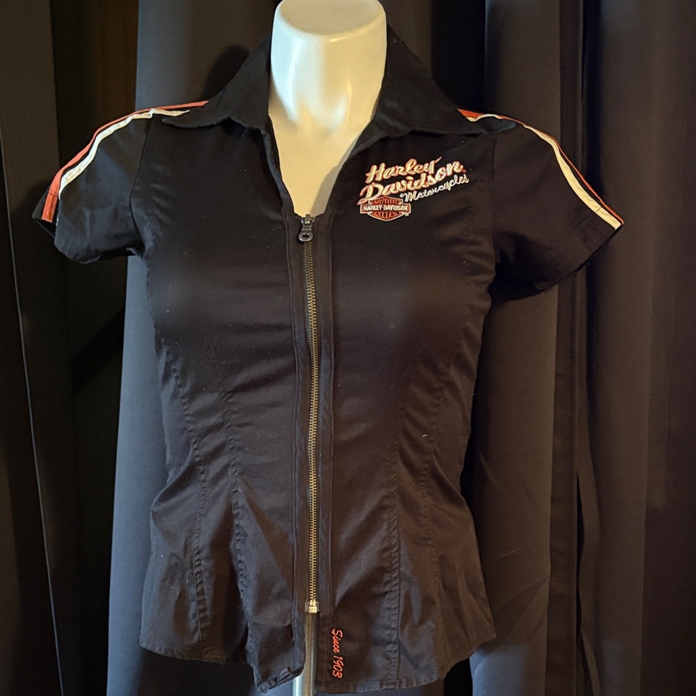 Harley-Davidson Black Women's Zip Shirt with Orange and White Stripes